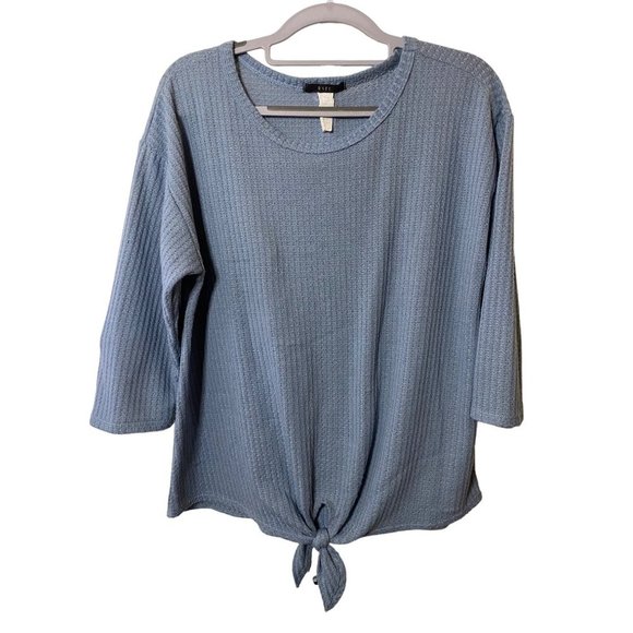 Gyft Blue Tie Front Waffle Knit 3/4th sleeve‎ women's top Sz L - Picture 1 of 6